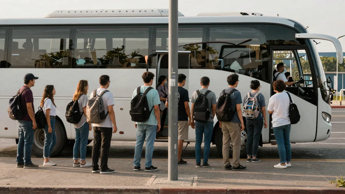 Small group of travelers boarding a regional coach at an early morning stop, soft natural daylight, neutral tones, candi