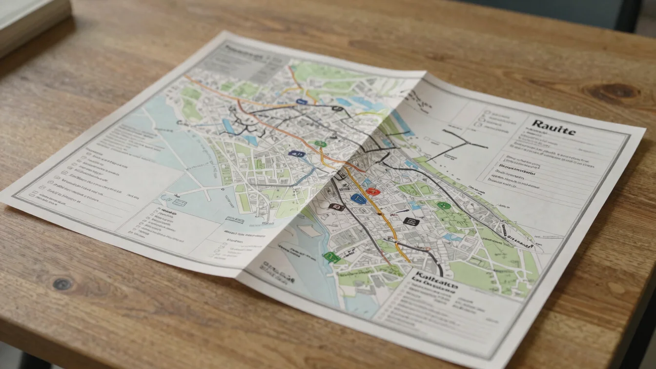 Overhead close view of a paper route map and handwritten notes on a wooden table, natural daylight, sun-washed neutral t