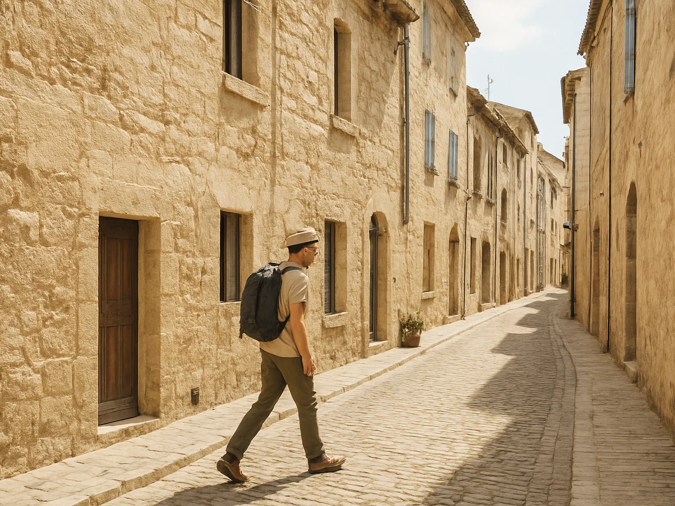 Editorial travel photograph of a quiet historic town street at midday, soft natural daylight, sun-washed neutral stone w