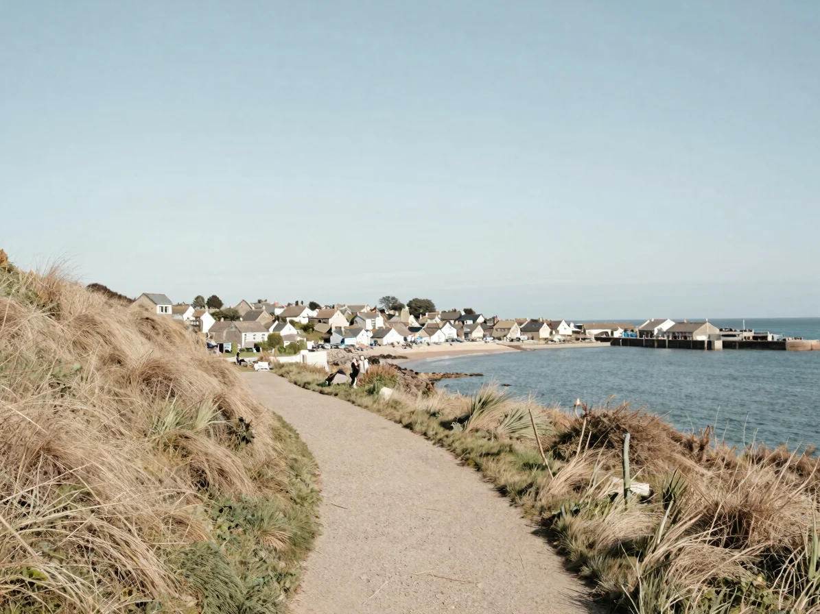 Wide editorial travel photograph of a coastal footpath along a grassy cliff edge, soft natural daylight, sun-washed neut