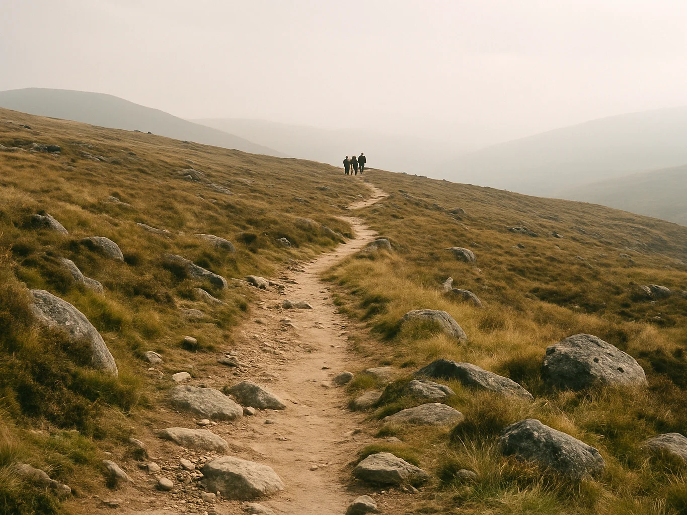Editorial travel photograph of a highland trail winding through low grass and stone, soft natural daylight, honest atmos