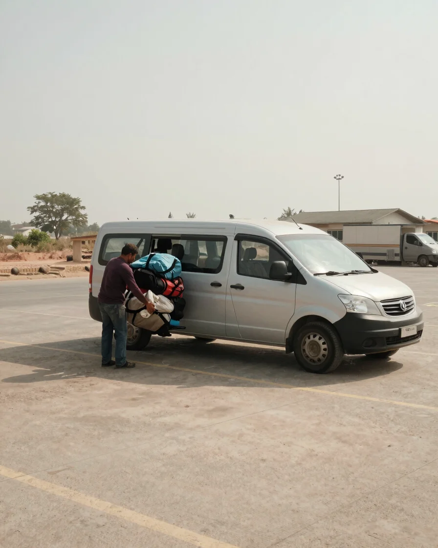 Editorial travel photography, soft natural daylight, candid documentary framing, 35mm lens: a local driver loading lugga
