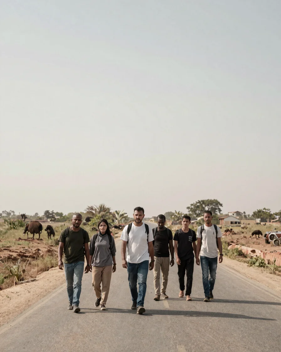 Editorial travel photography of a small group walking a quiet regional road at mid-morning, soft natural daylight, sun-w